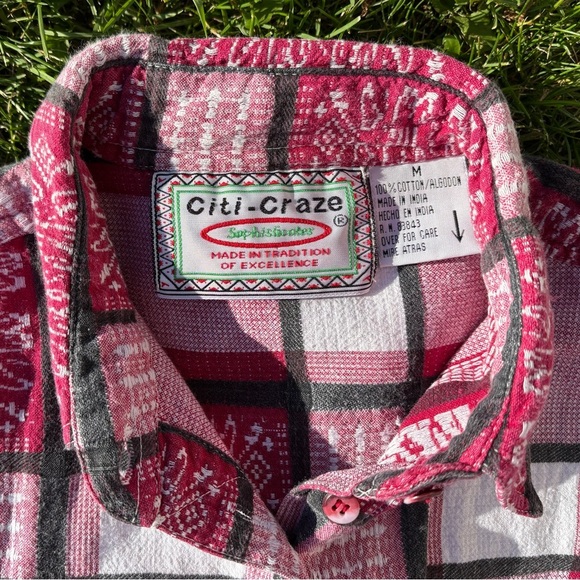 Vtg Citi-Craze Sophisticates S/S Button-Up Shirt Womens M Red Wht Plaid Abstract - Picture 3 of 6